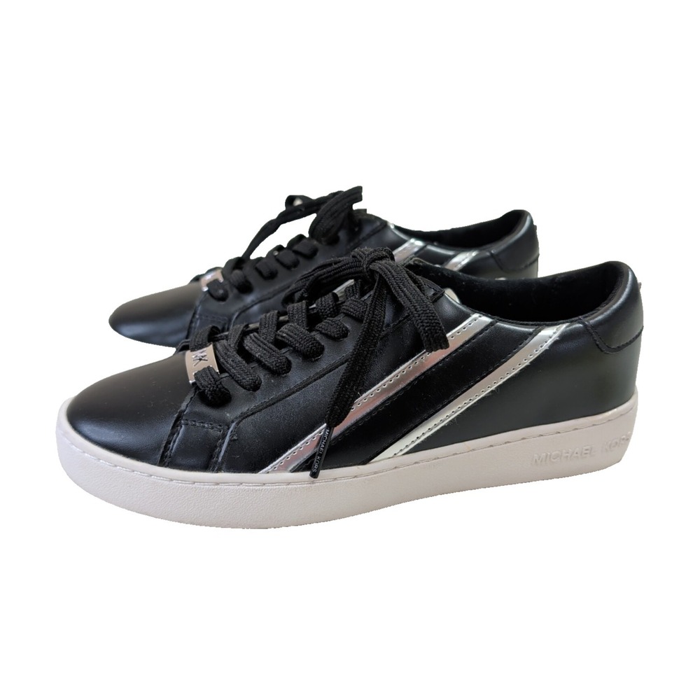 Michael Kors Slade Sneaker Womens 7 Black Silver Vegan Casual Fashion Streetwear